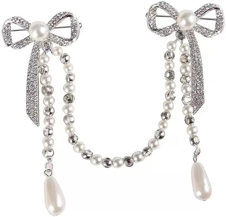 Suits Pearl Double Bow pearl Chain Brooch Pearl-Crystal Anti-exposure bowknot tassel brooch for girls and women