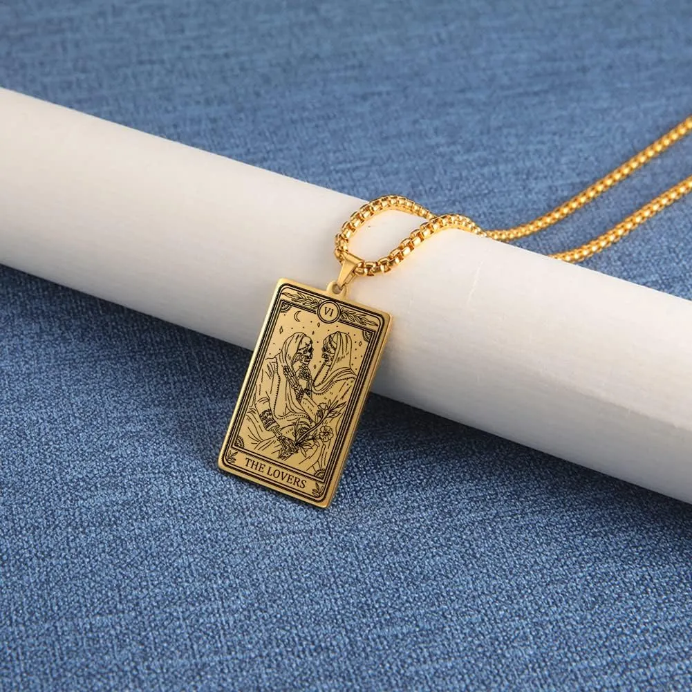 TEAMER Skeleton Tarot Card Necklace Stainless Steel Amulet Marigold Tarot Card Major Arcana Necklaces for Women Men