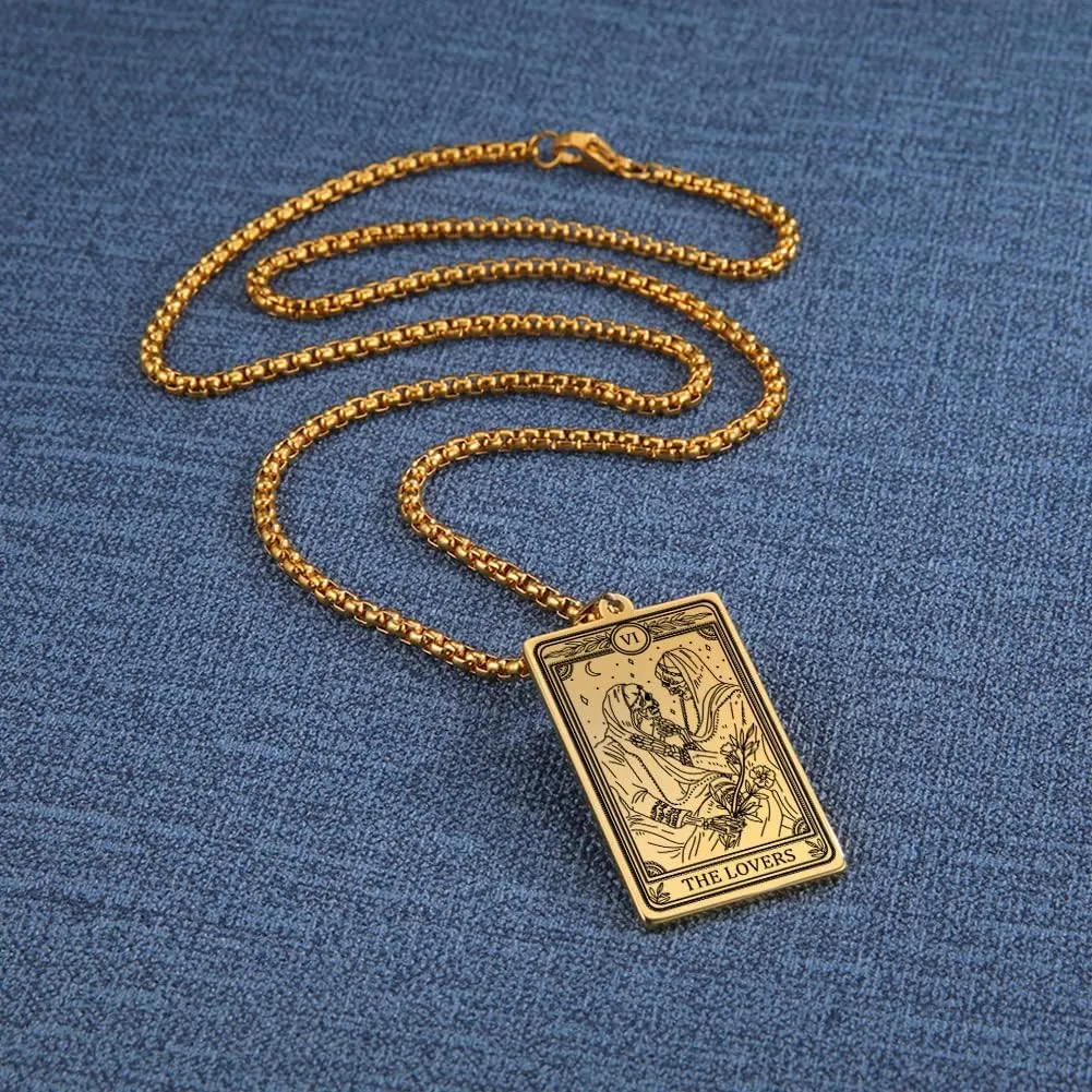 TEAMER Skeleton Tarot Card Necklace Stainless Steel Amulet Marigold Tarot Card Major Arcana Necklaces for Women Men