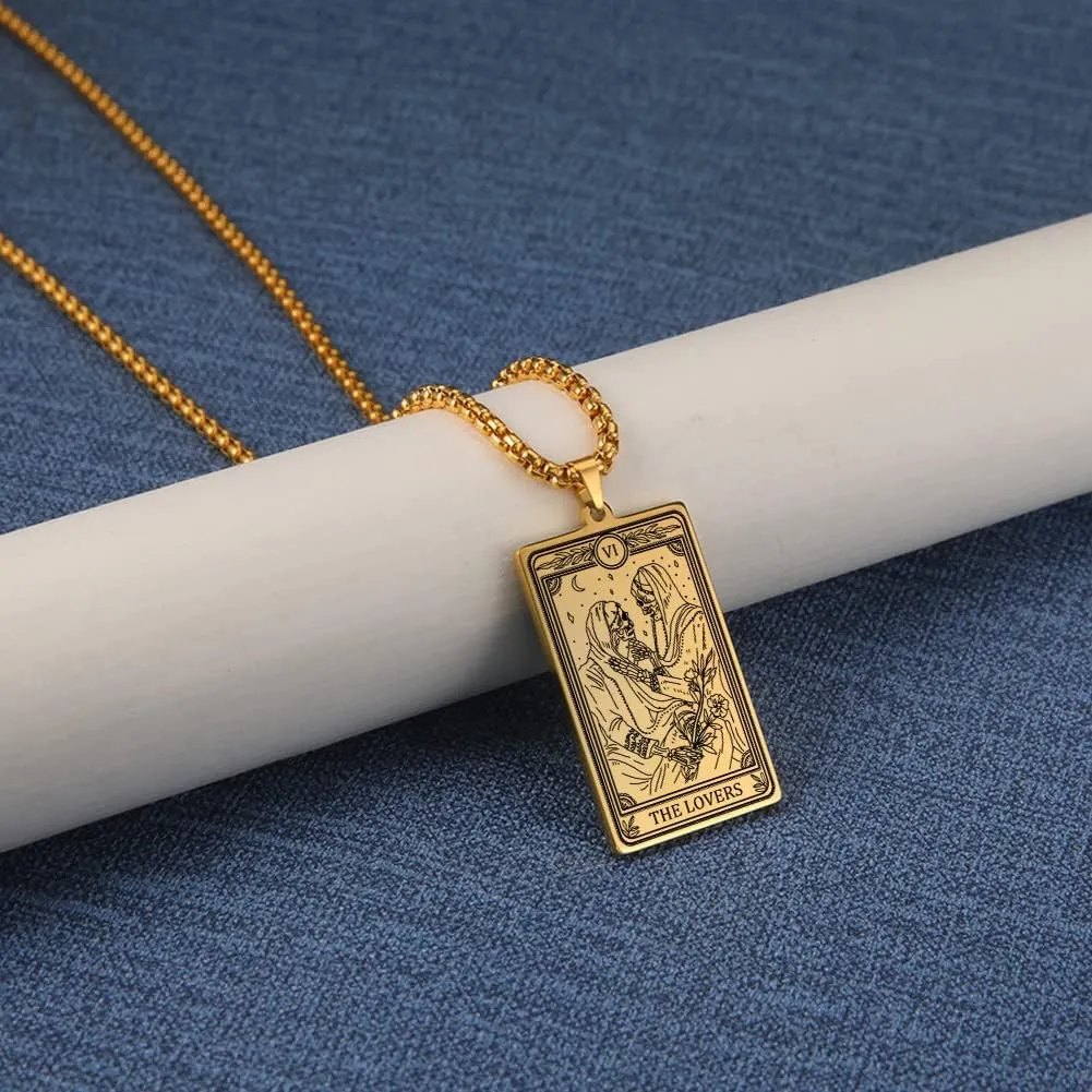 TEAMER Skeleton Tarot Card Necklace Stainless Steel Amulet Marigold Tarot Card Major Arcana Necklaces for Women Men