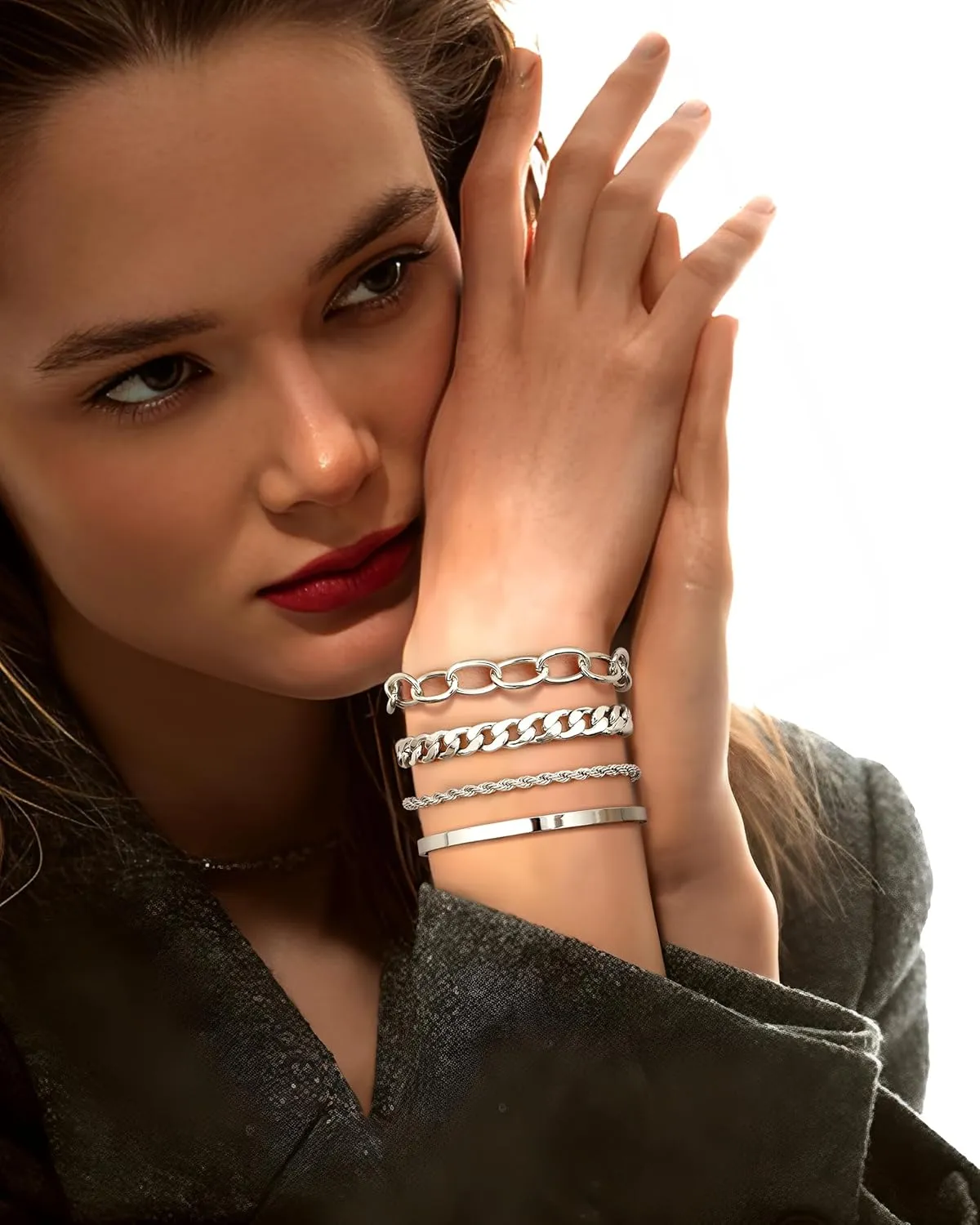 TEN MIRO 16k Chunky Gold Bracelets for Women Non Tarnish, Womens Gold Bracelet Stack Layered Chunky Chain Bracelets Waterproof Link Cuff Herringbone Bracelet Mothers' Day Jewelry Gifts