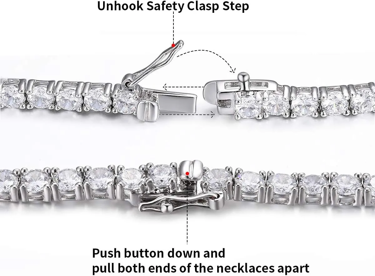 Tennis Necklace 18K White Gold Plated | 4.0mm Round Cubic Zirconia Cut Faux Diamond Tennis Chain for Women and Men