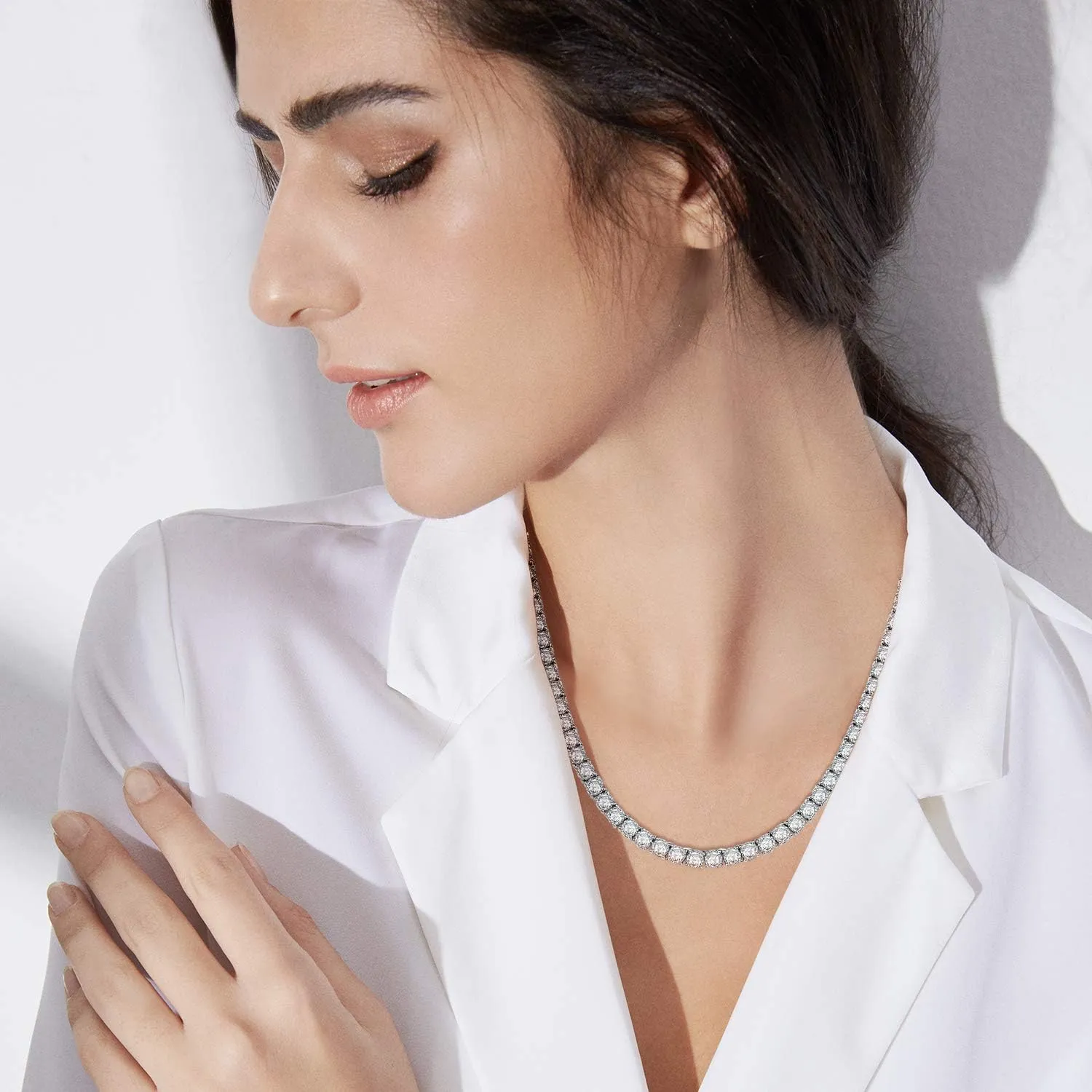 Tennis Necklace 18K White Gold Plated | 4.0mm Round Cubic Zirconia Cut Faux Diamond Tennis Chain for Women and Men