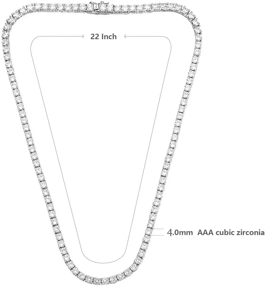 Tennis Necklace 18K White Gold Plated | 4.0mm Round Cubic Zirconia Cut Faux Diamond Tennis Chain for Women and Men