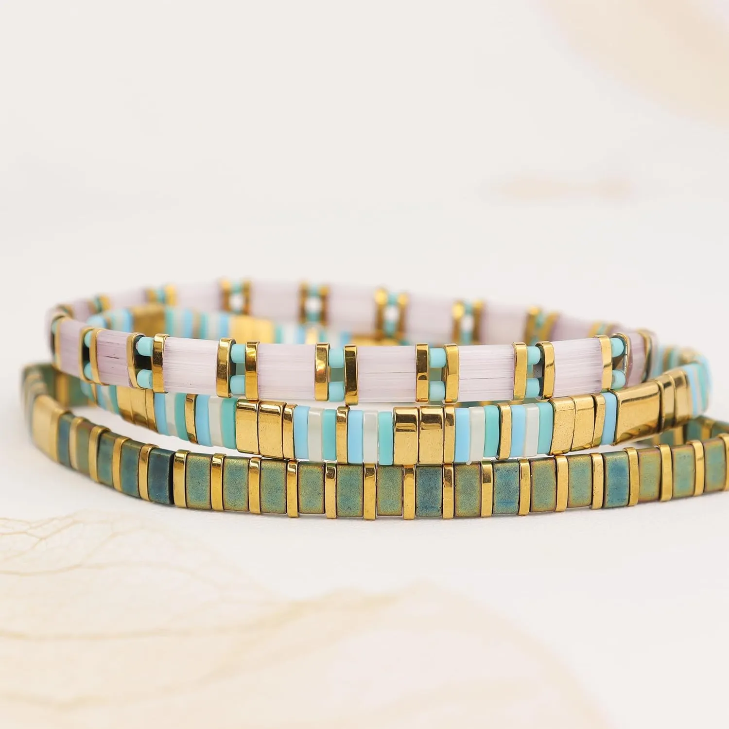 Tila Flat Beaded Bracelets for Women, Unique Colorful Square Beads Miyuk Link Stackable Stretch Bracelet Beach Summer Trendy Jewelry Gift