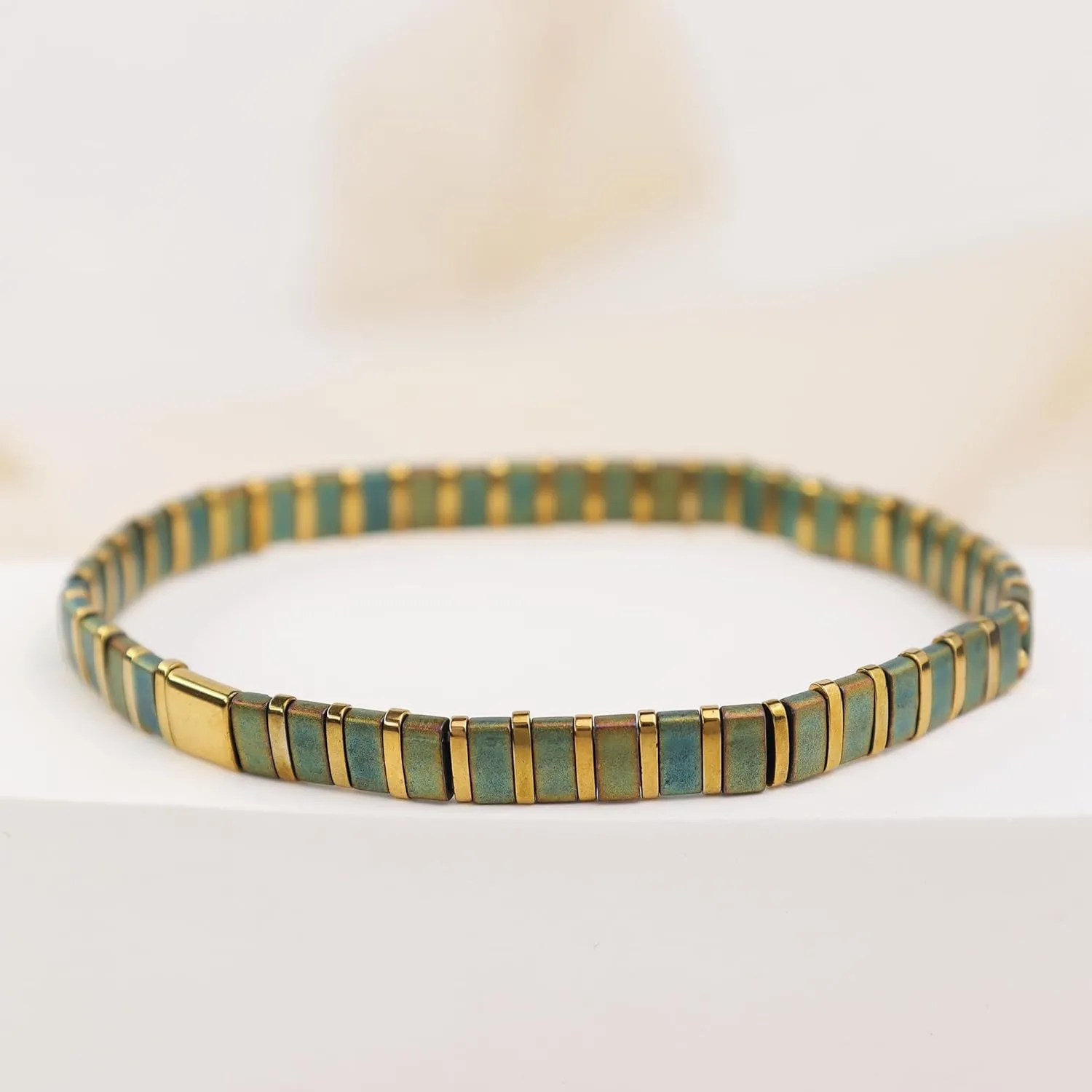 Tila Flat Beaded Bracelets for Women, Unique Colorful Square Beads Miyuk Link Stackable Stretch Bracelet Beach Summer Trendy Jewelry Gift