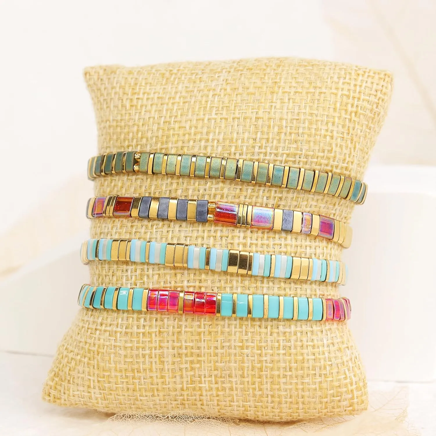 Tila Flat Beaded Bracelets for Women, Unique Colorful Square Beads Miyuk Link Stackable Stretch Bracelet Beach Summer Trendy Jewelry Gift