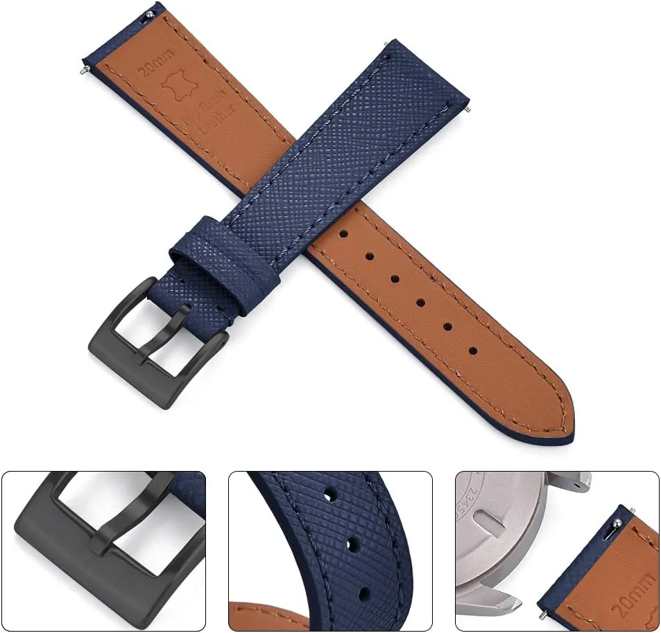 Top Grain Leather Watch Band - Quick Release Brushed Buckle Replacement Strap for Men - Choice of Width -18mm 19mm 20mm 21mm 22mm 23mm 24mm