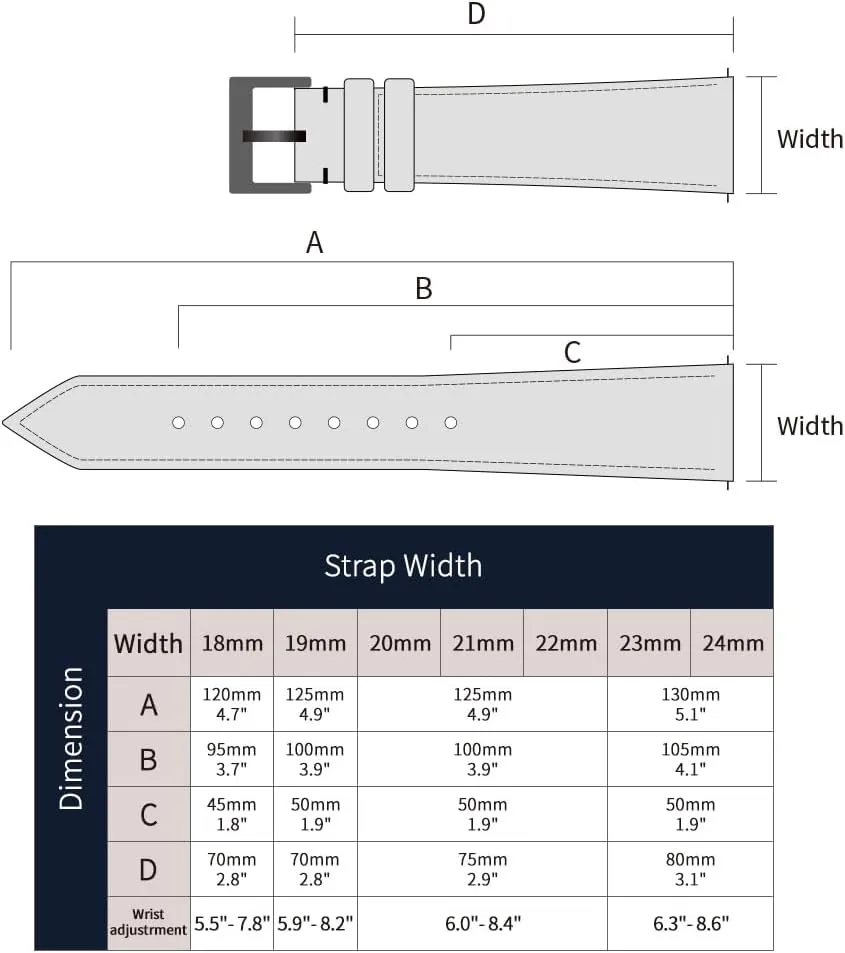 Top Grain Leather Watch Band - Quick Release Brushed Buckle Replacement Strap for Men - Choice of Width -18mm 19mm 20mm 21mm 22mm 23mm 24mm