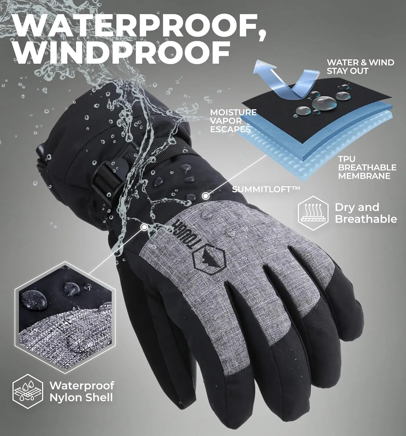 Tough Outdoors Snow Gloves - Men's & Women's Waterproof & Insulated Ski & Snowboard Gloves