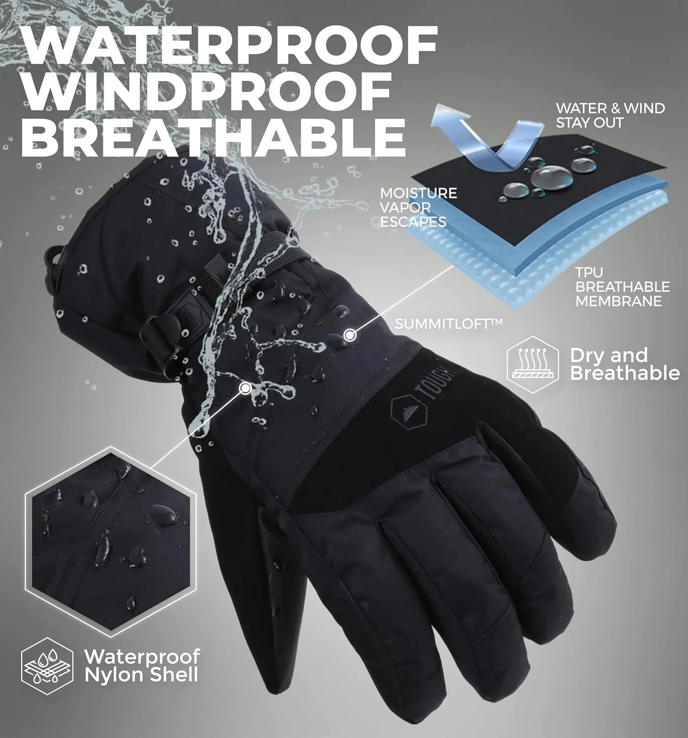 Tough Outdoors Snow Gloves - Men's & Women's Waterproof Winter & Snowboarding Gloves