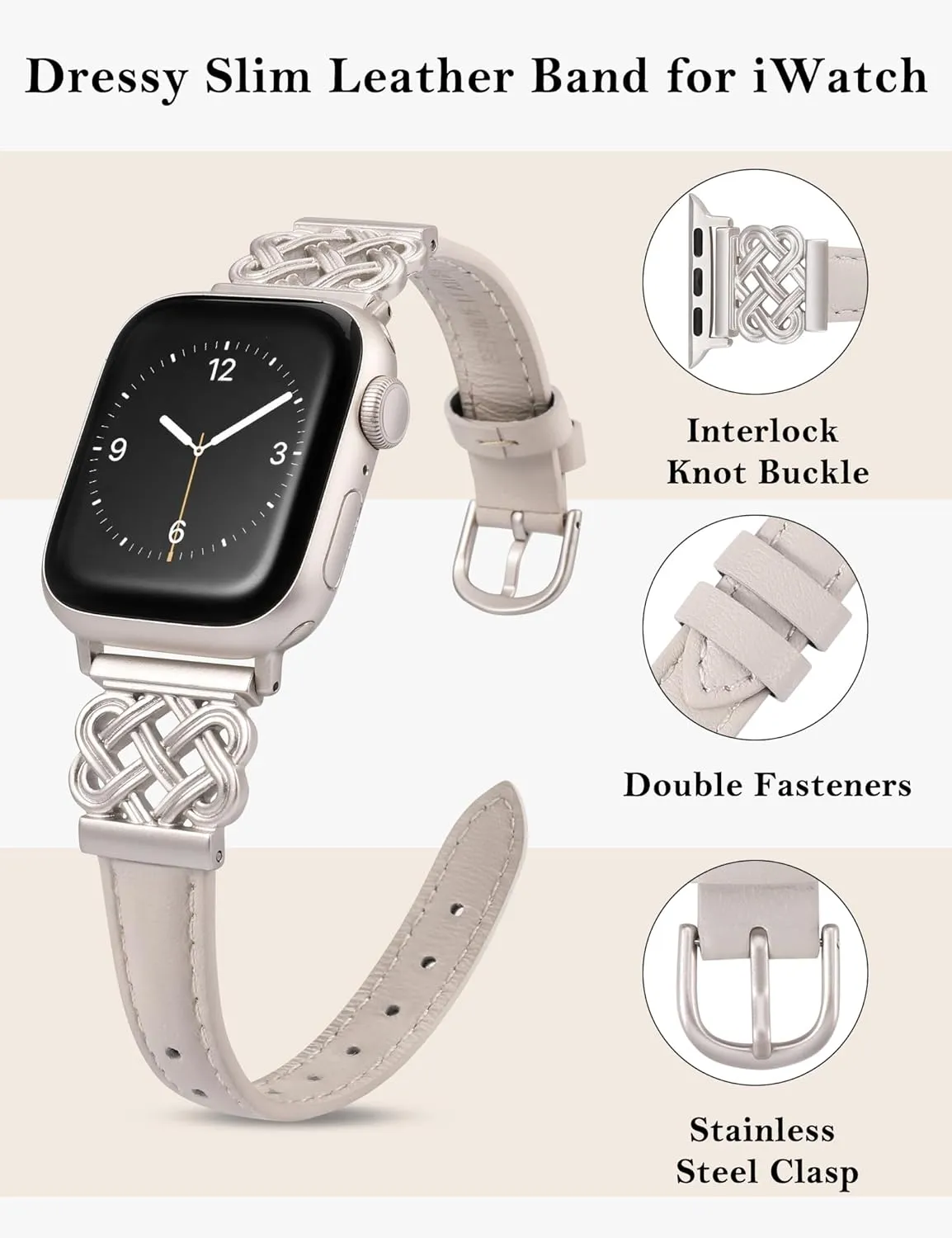 TOYOUTHS Leather Band Compatible with Apple Watch Bands Women 38/40/41/42mm Dressy Slim Thin Leather Strap with Designer Interlock Buckle Bracelet for iWatch Series 10/9/SE/8/7/6/5/4/3/2/1, Starlight