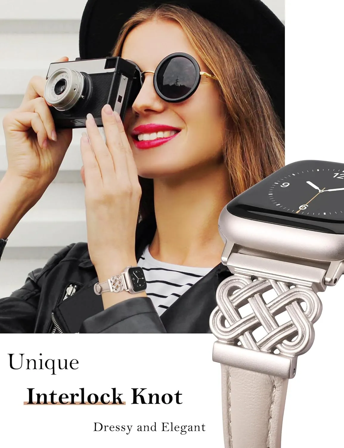 TOYOUTHS Leather Band Compatible with Apple Watch Bands Women 38/40/41/42mm Dressy Slim Thin Leather Strap with Designer Interlock Buckle Bracelet for iWatch Series 10/9/SE/8/7/6/5/4/3/2/1, Starlight
