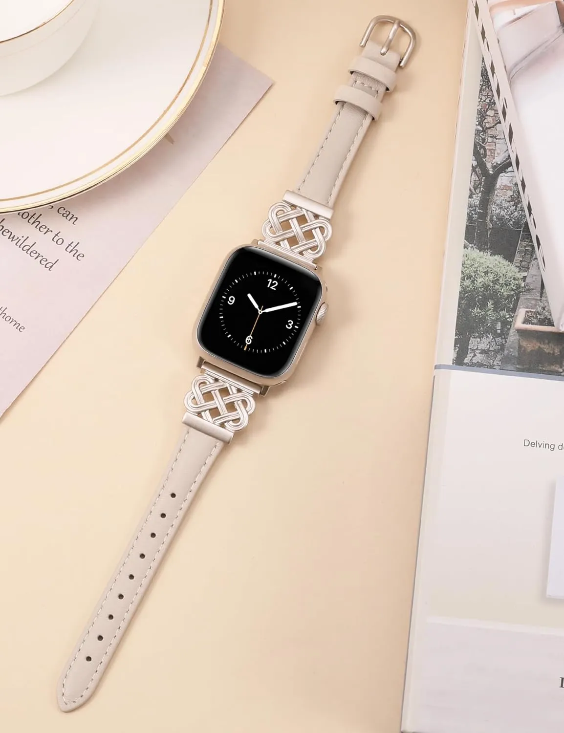 TOYOUTHS Leather Band Compatible with Apple Watch Bands Women 38/40/41/42mm Dressy Slim Thin Leather Strap with Designer Interlock Buckle Bracelet for iWatch Series 10/9/SE/8/7/6/5/4/3/2/1, Starlight