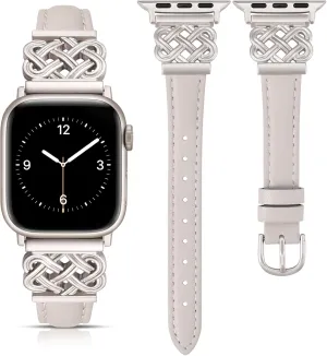 TOYOUTHS Leather Band Compatible with Apple Watch Bands Women 38/40/41/42mm Dressy Slim Thin Leather Strap with Designer Interlock Buckle Bracelet for iWatch Series 10/9/SE/8/7/6/5/4/3/2/1, Starlight