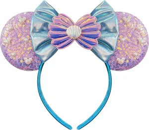 Trnerm Mermaid Mouse Ears Headband, Sequin Park Ears with Blue Bows, Mermaid Birthday Party Supplies