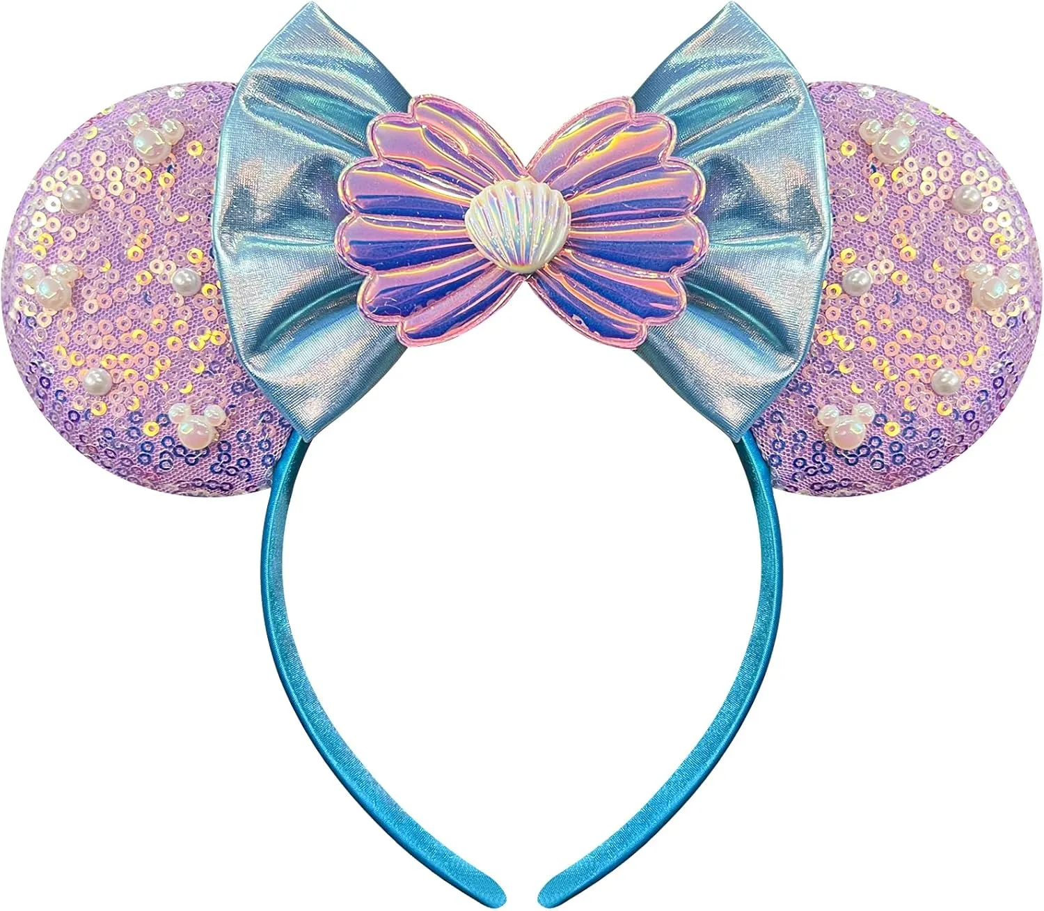 Trnerm Mermaid Mouse Ears Headband, Sequin Park Ears with Blue Bows, Mermaid Birthday Party Supplies