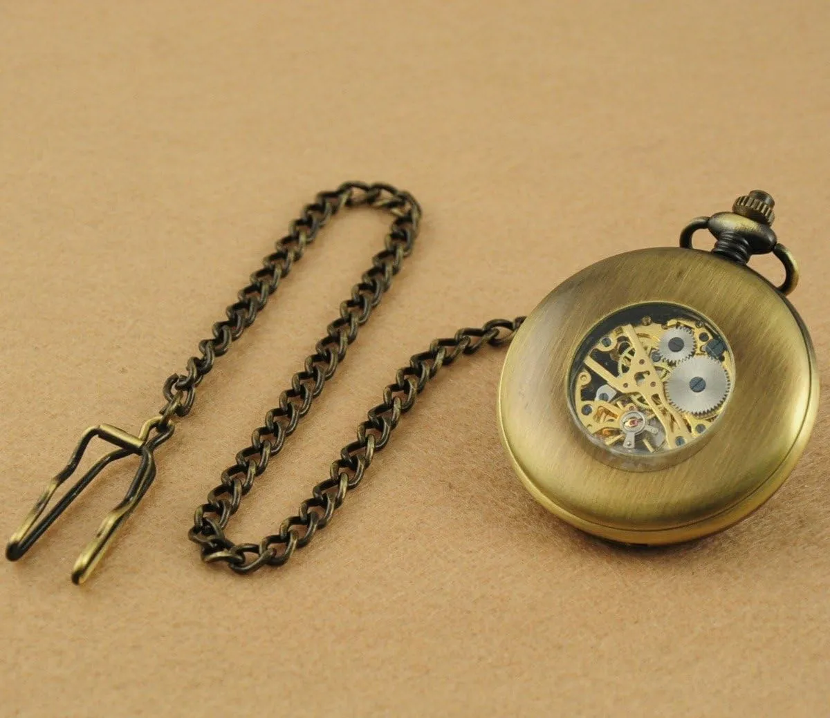VIGOROSO Men's Hand-Wind Mechanical Pocket Watch Vintage Steampunk Wood Grain Hollow Design with Chain and Box