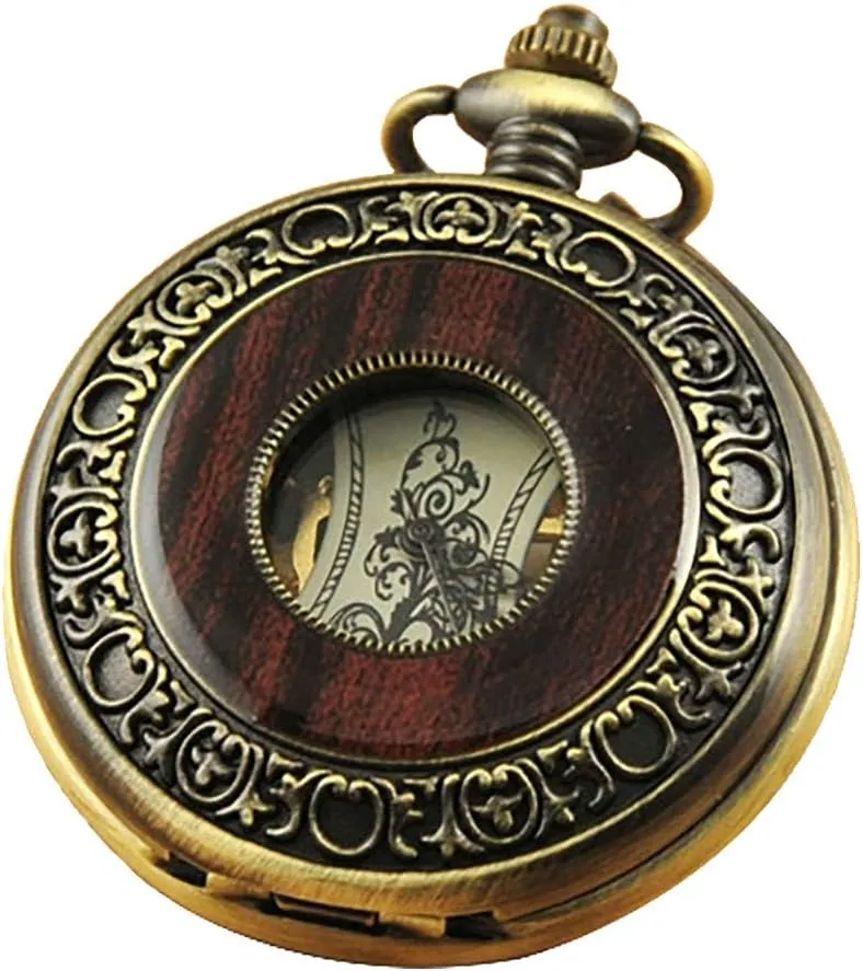 VIGOROSO Men's Hand-Wind Mechanical Pocket Watch Vintage Steampunk Wood Grain Hollow Design with Chain and Box