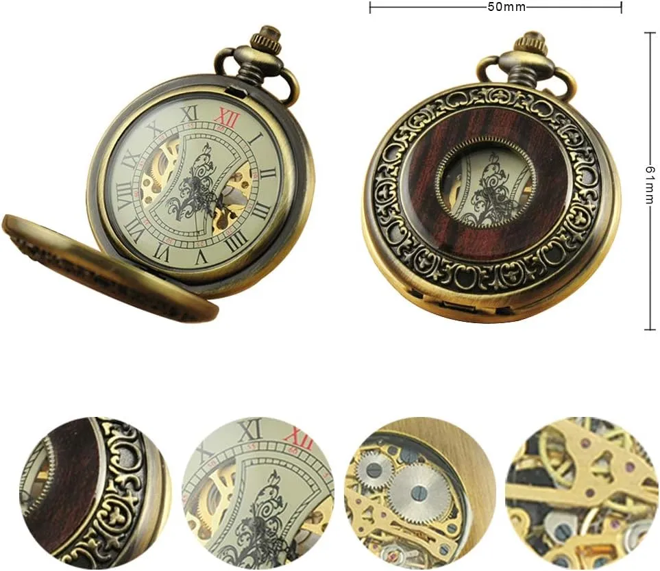 VIGOROSO Men's Hand-Wind Mechanical Pocket Watch Vintage Steampunk Wood Grain Hollow Design with Chain and Box