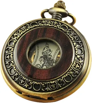 VIGOROSO Men's Hand-Wind Mechanical Pocket Watch Vintage Steampunk Wood Grain Hollow Design with Chain and Box