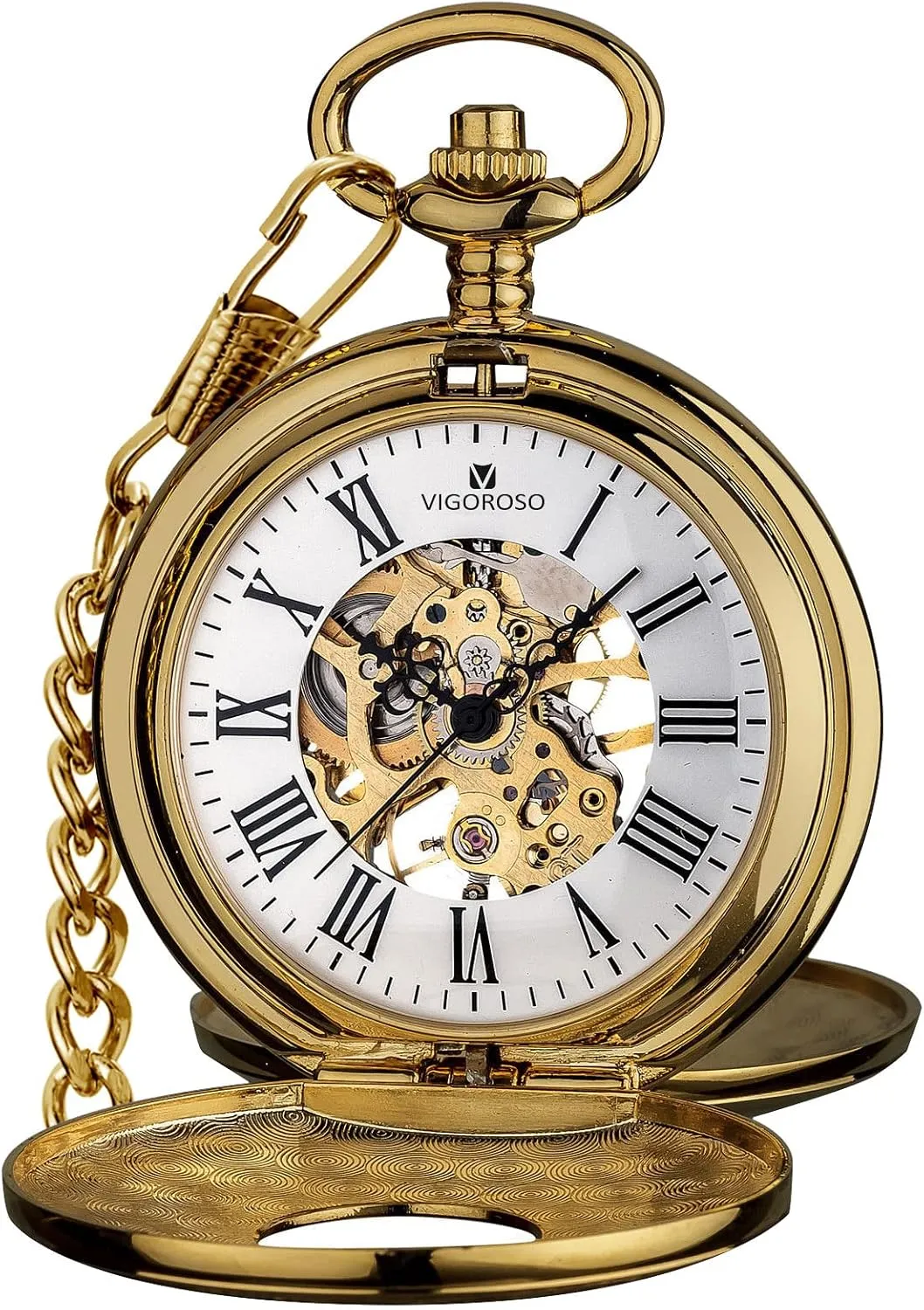 VIGOROSO Vintage Hand Wind Up Pocket Watches for Men, Mechanical Pocket Watch with Chain, Mens Skeleton Pocketwatch