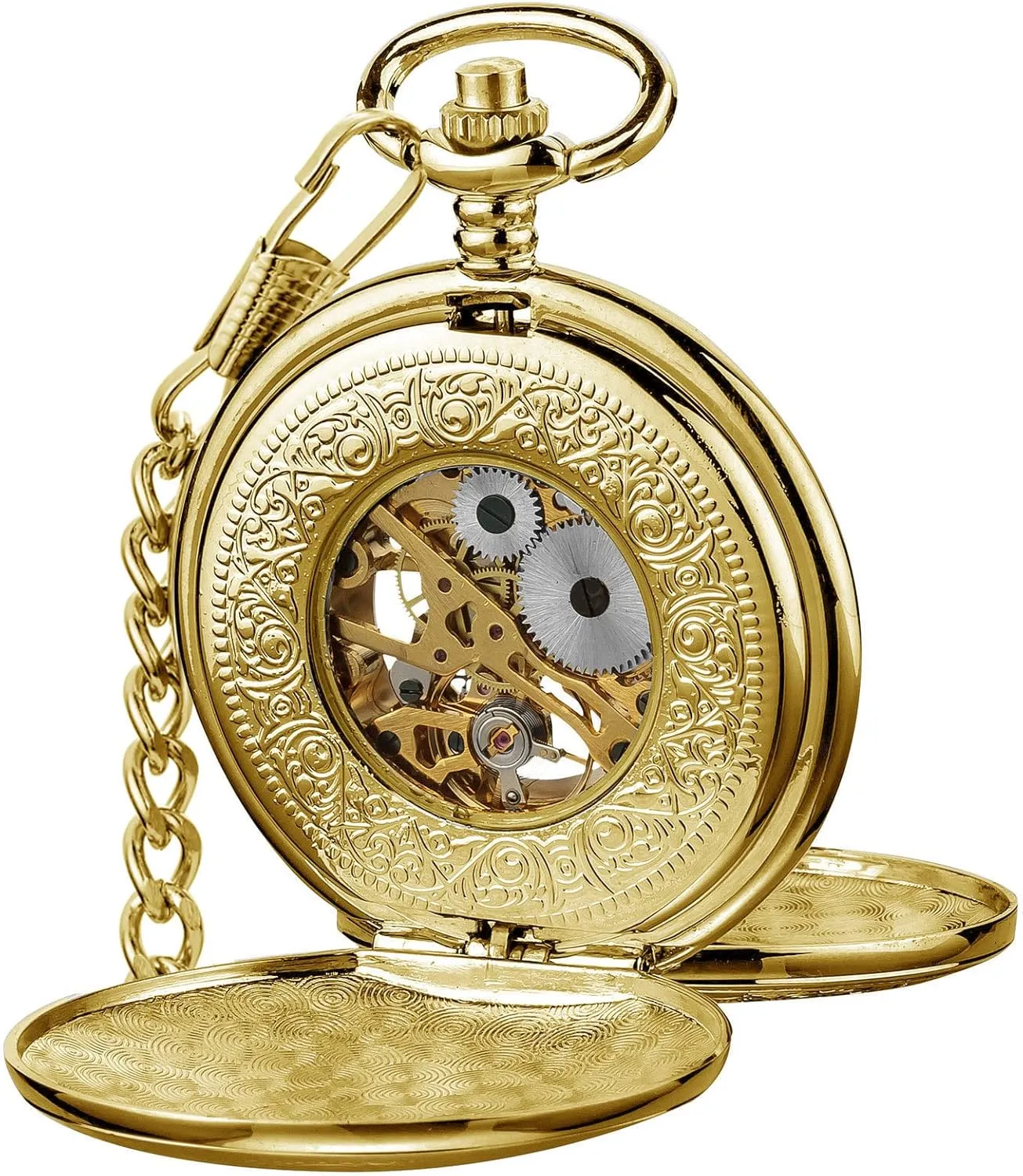 VIGOROSO Vintage Hand Wind Up Pocket Watches for Men, Mechanical Pocket Watch with Chain, Mens Skeleton Pocketwatch