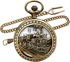 Vintage Bronze Steam Train Mens Quartz Gift Pocket Watch with Chain