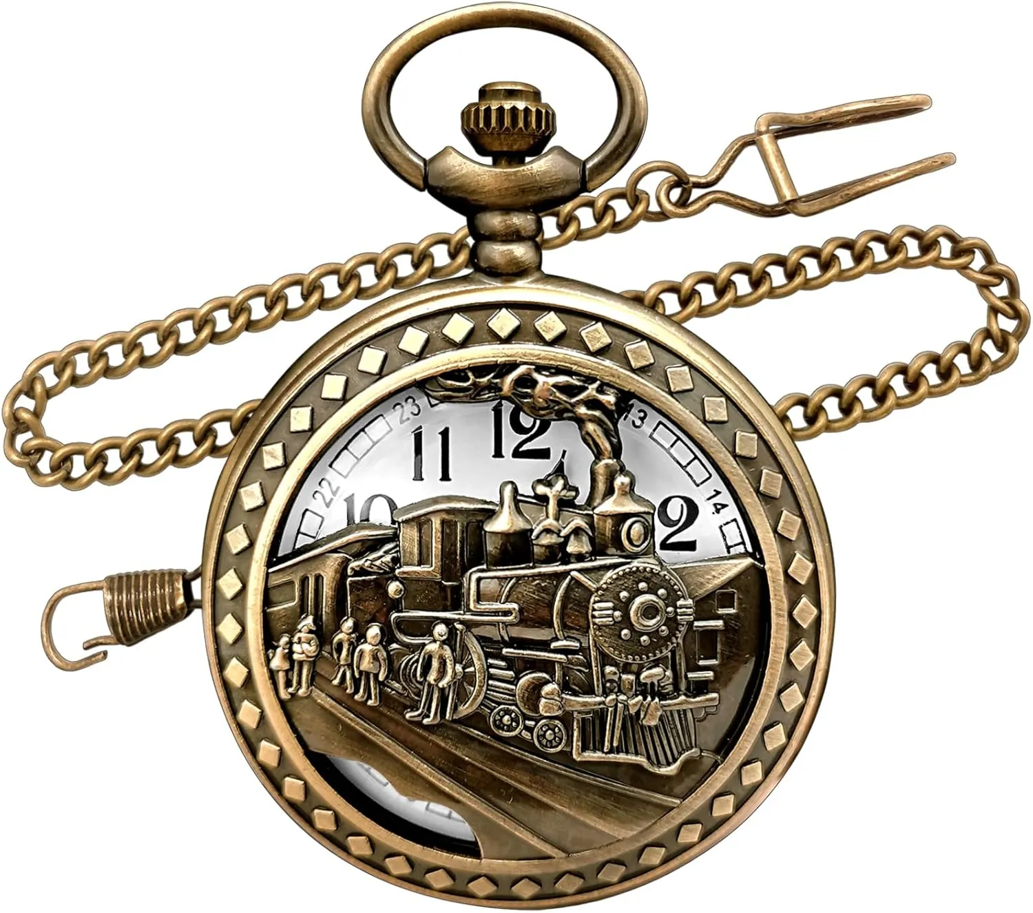 Vintage Bronze Steam Train Mens Quartz Gift Pocket Watch with Chain