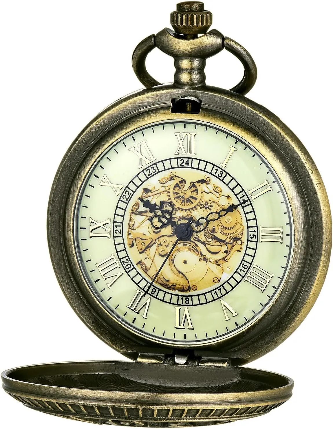 Vintage Roman Numerals Scale Quartz Pocket Watch with Chain for Xmas Fathers Day Gift