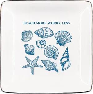 Vintage Summer Beach Jewelry Tray, Conch Starfish Shells Ceramic Jewelry Dish Tray for Rings & Earring for Girls, Ocean-themed Ring Dish, Worry Less Beach More Trinket Dish for Women