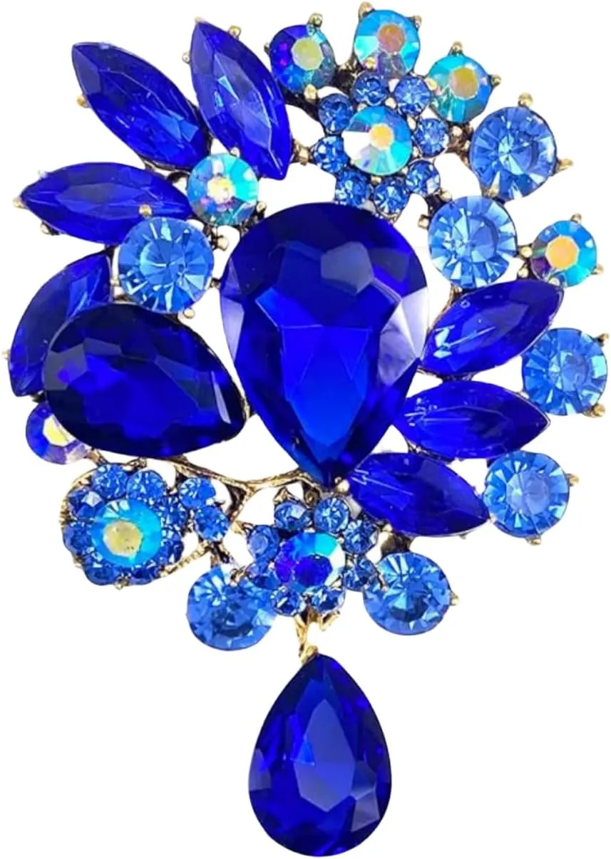 Wedding Bridal Big Crystal Rhinestone Bouquet Brooch Pin for Women (Blue Tear Drop)