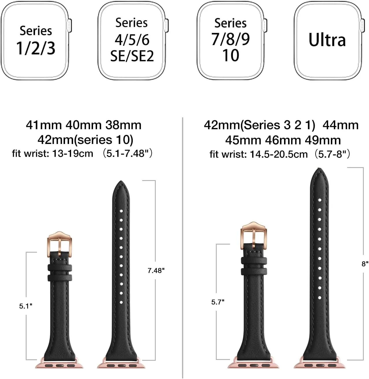 WFEAGL Leather Bands Compatible with Apple Watch Band 38mm 40mm 41mm 42mm 44mm 45mm 46mm 49mm Women, Grain Leather Strap Slim Thin Wristband for iWatch Ultra SE SE2 Series 10 9 8 7 6 5 4 3 2 1