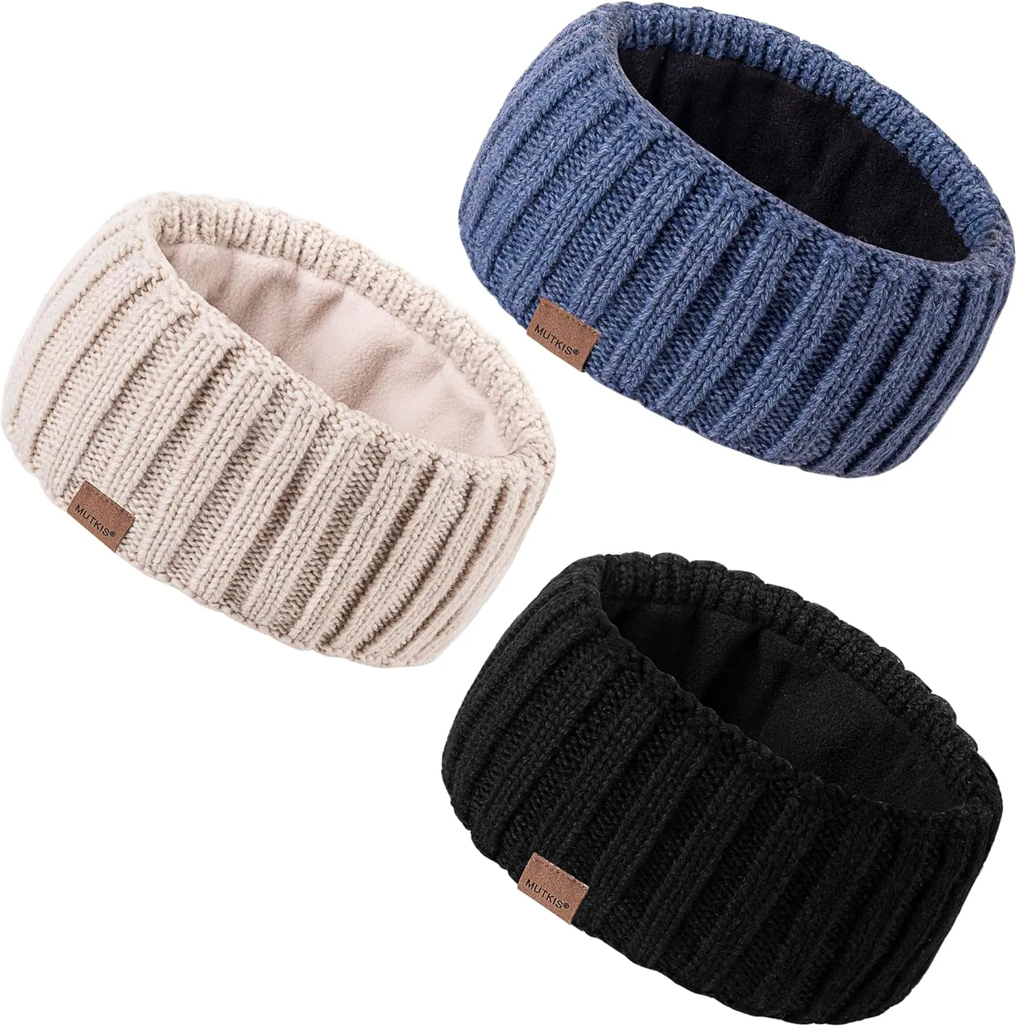 Winter Headbands for Women 3 Pack, Ear Warmers for Women Headband Wool Knit Thick Fleece Lined, Cold Weather Warm Ear Muffs