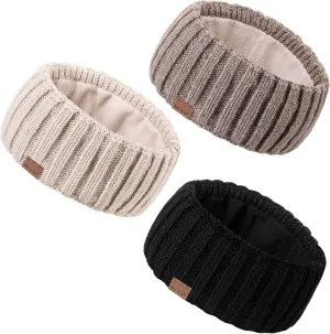 Winter Headbands for Women 3 Pack, Ear Warmers for Women Headband Wool Knit Thick Fleece Lined, Cold Weather Warm Ear Muffs