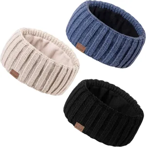 Winter Headbands for Women 3 Pack, Ear Warmers for Women Headband Wool Knit Thick Fleece Lined, Cold Weather Warm Ear Muffs