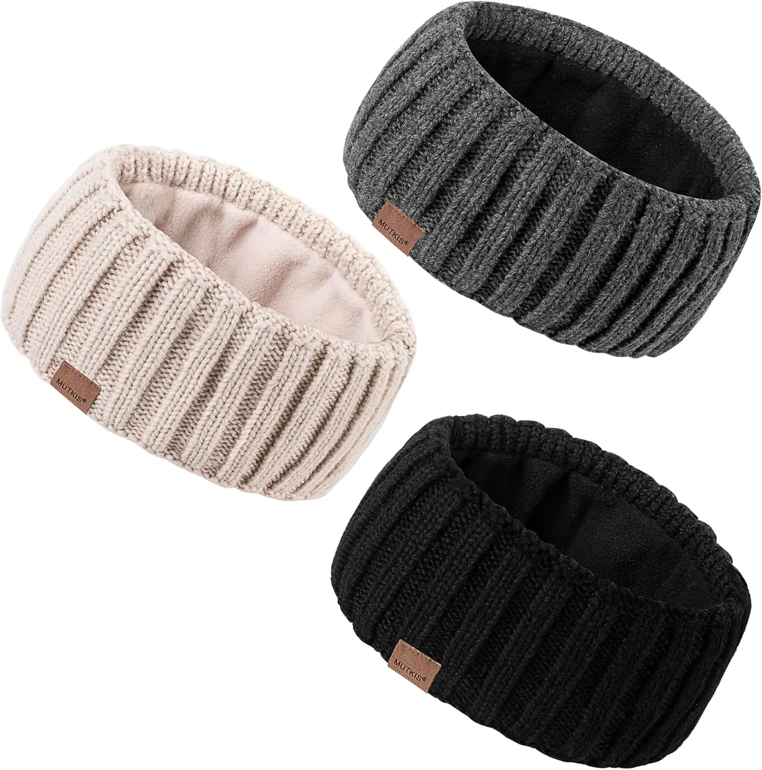 Winter Headbands for Women 3 Pack, Ear Warmers for Women Headband Wool Knit Thick Fleece Lined, Cold Weather Warm Ear Muffs