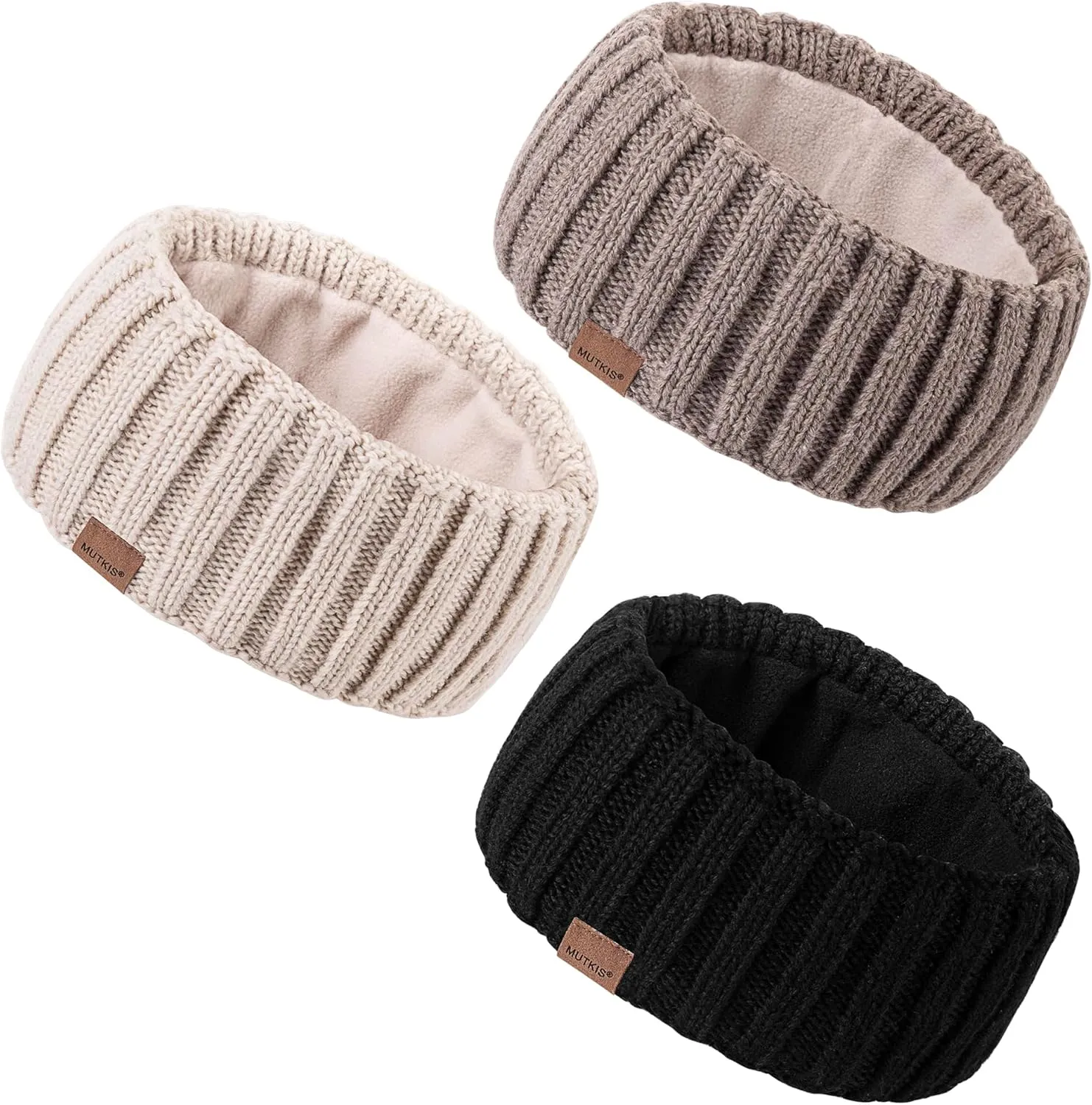 Winter Headbands for Women 3 Pack, Ear Warmers for Women Headband Wool Knit Thick Fleece Lined, Cold Weather Warm Ear Muffs