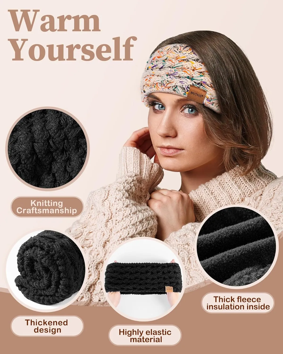 Winter Headbands for Women 3 Pack, Ear Warmers for Women Knit Fleece Lined, Ear Muffs Cold Weather Stocking Stuffers
