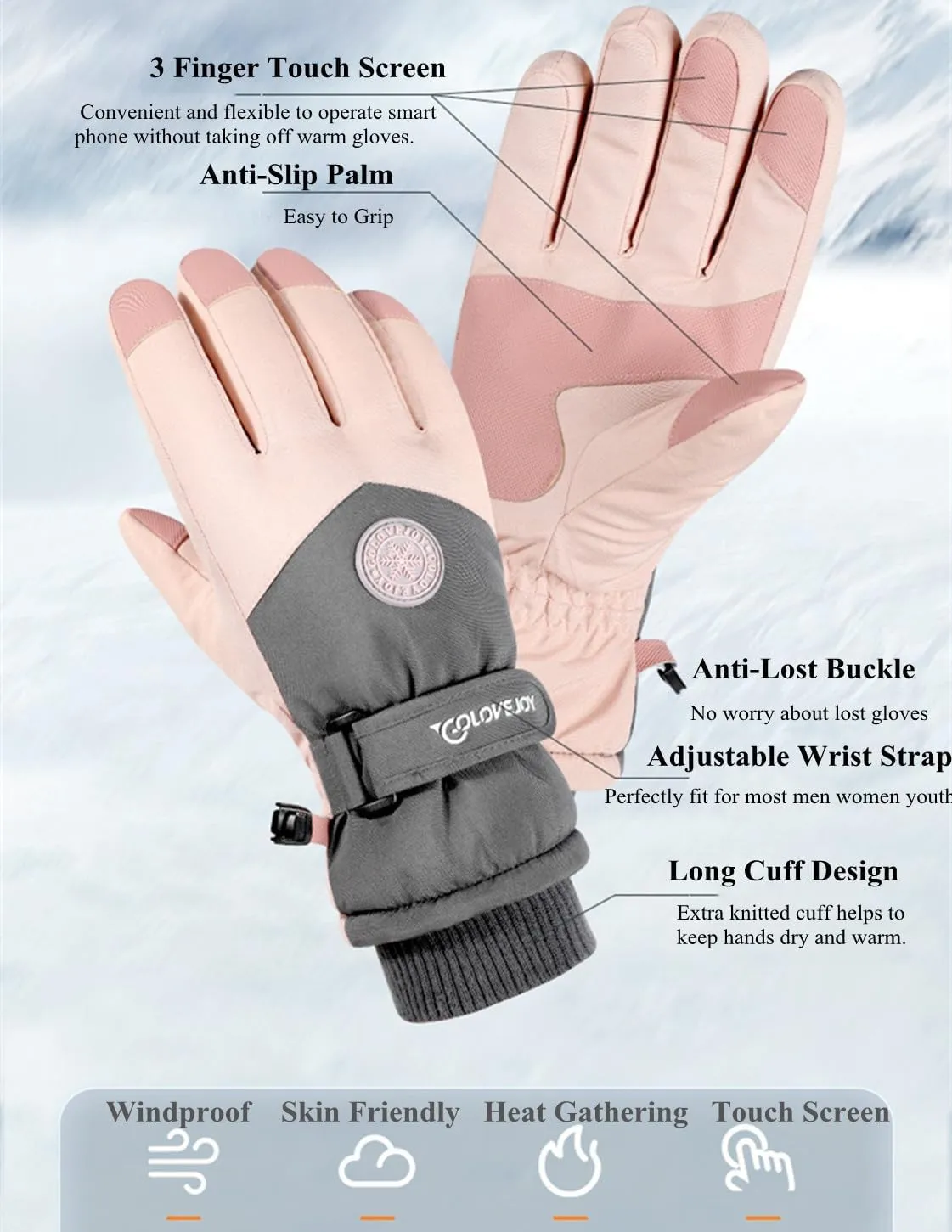 Winter Ski Snow Gloves for Men, Women, Youth | Touchscreen & Waterproof Cold Weather Hand Warming Gloves Winter Work Gloves
