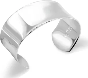 Women 925 Sterling Silver Curved Bangle 30MM Wide Grooved Cuff Bangle Shiny Punk Open Bracelet Adjustable Plated 24k Gold/Rose Gold Jewelry Gift