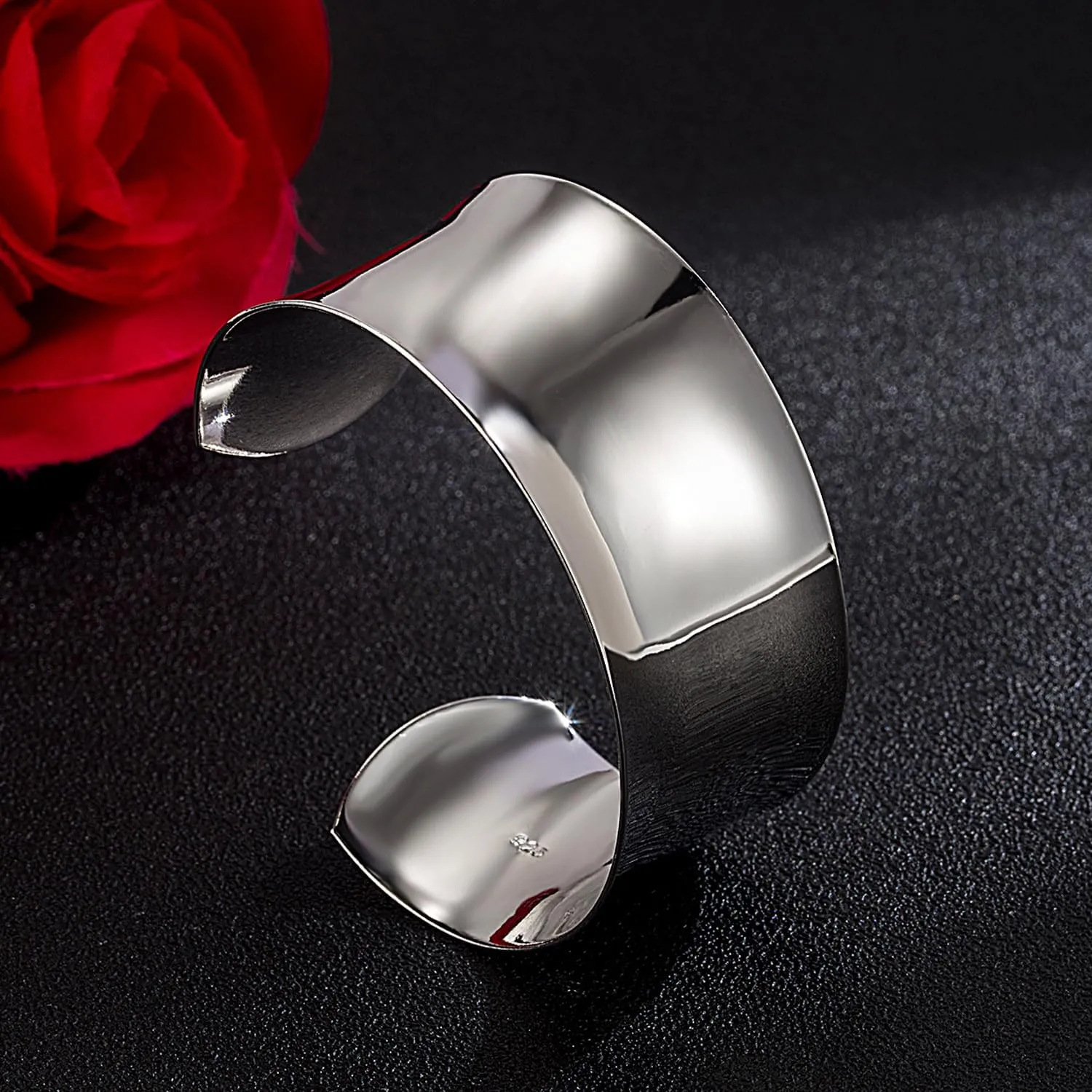Women 925 Sterling Silver Curved Bangle 30MM Wide Grooved Cuff Bangle Shiny Punk Open Bracelet Adjustable Plated 24k Gold/Rose Gold Jewelry Gift
