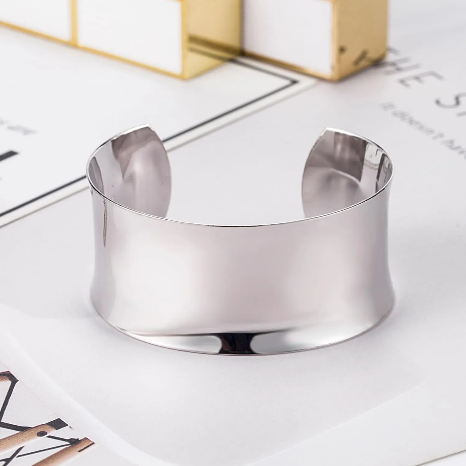 Women 925 Sterling Silver Curved Bangle 30MM Wide Grooved Cuff Bangle Shiny Punk Open Bracelet Adjustable Plated 24k Gold/Rose Gold Jewelry Gift