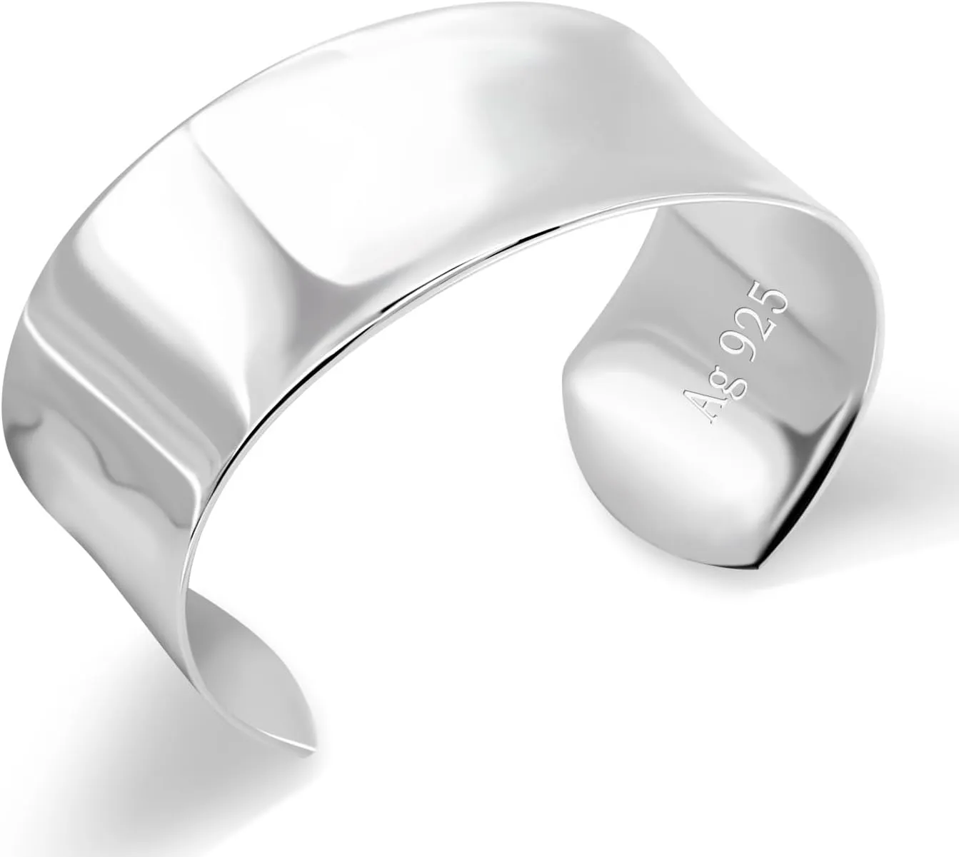 Women 925 Sterling Silver Curved Bangle 30MM Wide Grooved Cuff Bangle Shiny Punk Open Bracelet Adjustable Plated 24k Gold/Rose Gold Jewelry Gift
