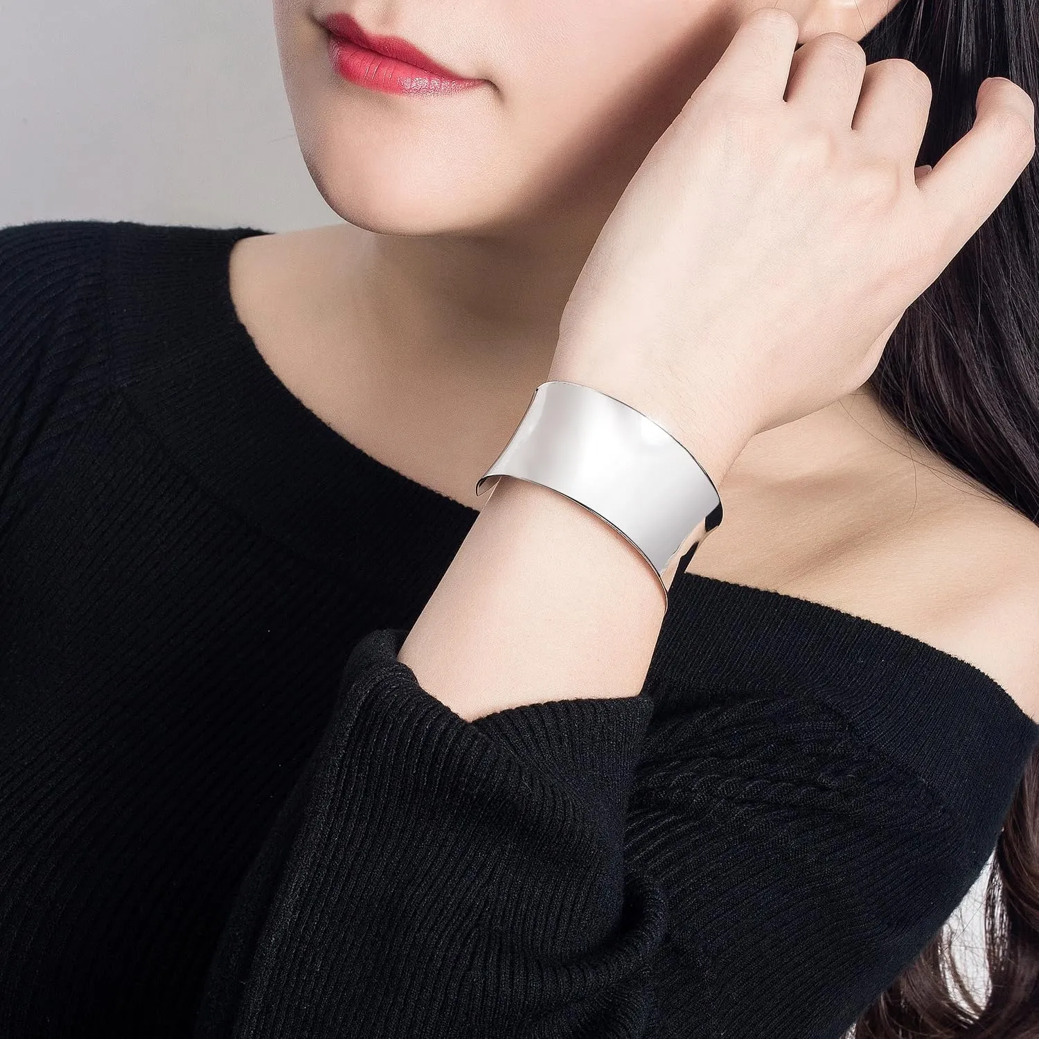 Women 925 Sterling Silver Curved Bangle 30MM Wide Grooved Cuff Bangle Shiny Punk Open Bracelet Adjustable Plated 24k Gold/Rose Gold Jewelry Gift
