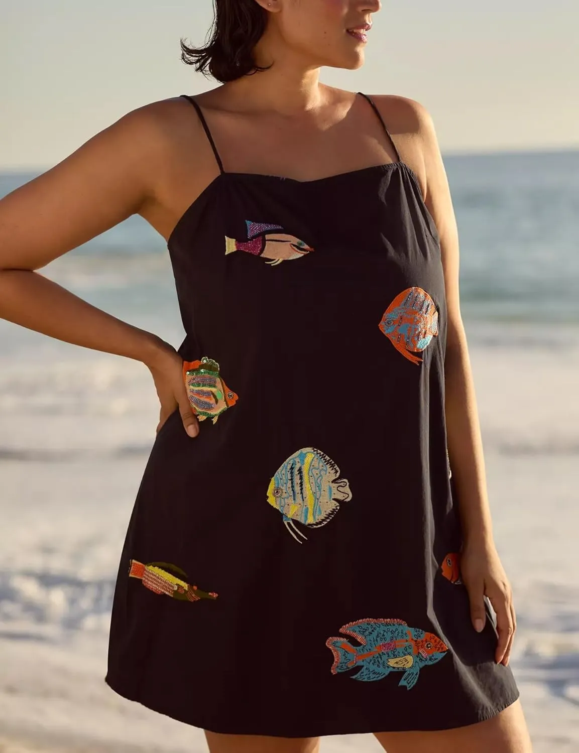 Women Boho Floral Seashell Mini Dress Spaghetti Strap Beach Graffiti Cami Dress Cute Summer Coastal Short Sundress