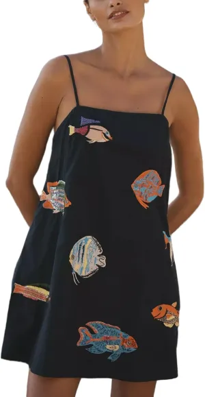 Women Boho Floral Seashell Mini Dress Spaghetti Strap Beach Graffiti Cami Dress Cute Summer Coastal Short Sundress