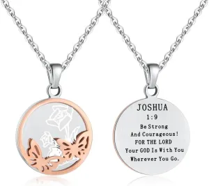 Women Butterfly Necklace Mother Rose Necklace Sister Animal Pendant Christians Charm Joshua 1:9, Be Strong and Courageous Jewelry for Birthday Christmas, gold