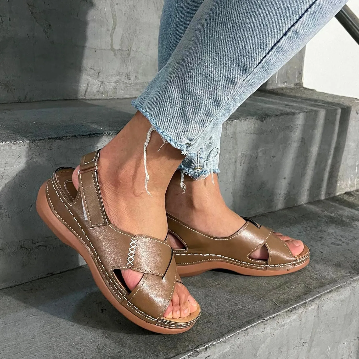 Women Comfortable Wedge Sandals Summer Dressy Orthopedic Open Toe All-Match Shoes Soft Leather Slip On Sandals Fashion Cross Strappy with Adjustable Back Ankle Strap Sandal