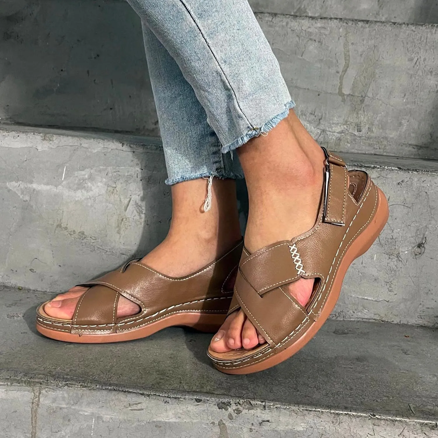 Women Comfortable Wedge Sandals Summer Dressy Orthopedic Open Toe All-Match Shoes Soft Leather Slip On Sandals Fashion Cross Strappy with Adjustable Back Ankle Strap Sandal